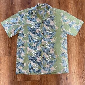 VTG Royal Creations Hawaiian Shirt Green Blue Tropical Leaf Print Mens M Resort